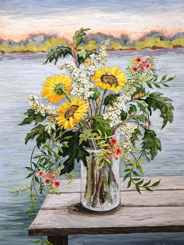 Sunflowers & Hummer, Dockery Austin, oil on canvas, 30x40, NFS